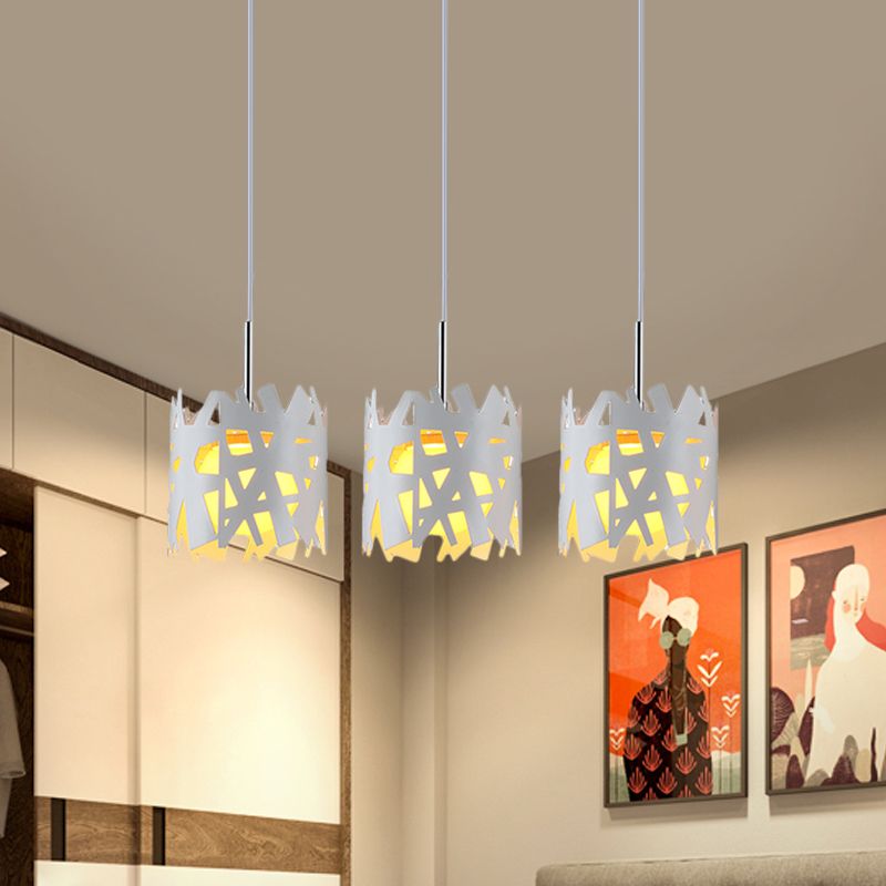 3 Bulbs Living Room Multiple Hanging Light Modernist White Pendant with Hollow-Out Cylinder Iron Shade, Linear Canopy