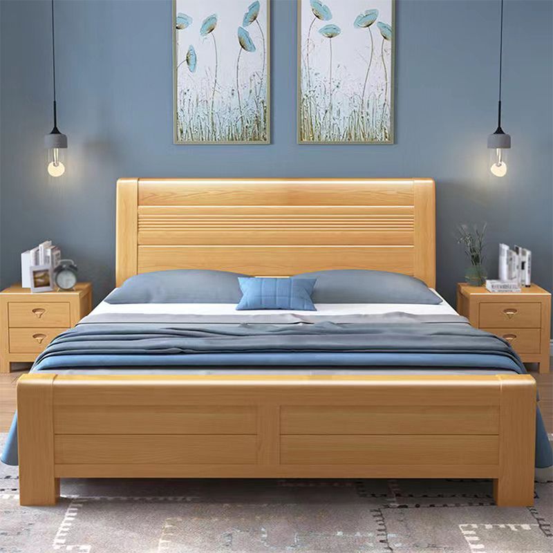 Scandinavian Natural Wooden Sleigh Bed with Rectangular Headboard