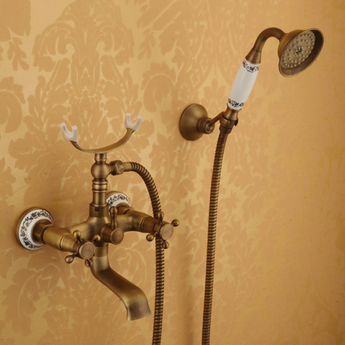 Traditional Floor Mounted Metal Freestanding Tub Filler Double Handles Bathtub Faucet