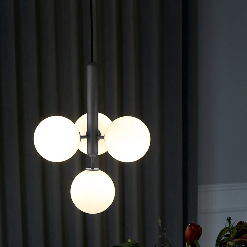 Orb Shaped Bar Ceiling Pendant Ivory Glass 4 Heads Simple Style Chandelier Light in Black
