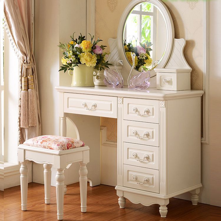 Victorian White Makeup Vanity Desk Bedroom Dressing Table Stool Set with Drawer