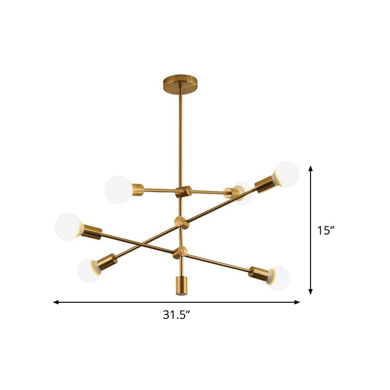 Gold Tiered Rod Adjustable Semi Flush Postmodernism 6-Light Iron Ceiling Mount Light with Open Bulb Design