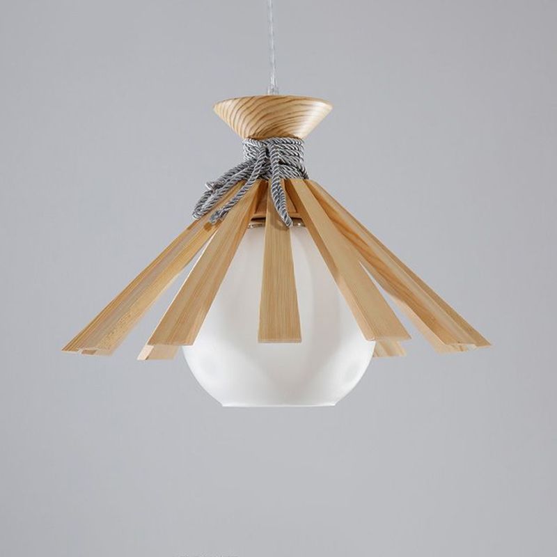 Conical Wood Slat Pendant Light Kit Modern 1-Light Down Lighting with Dome White Glass Shade