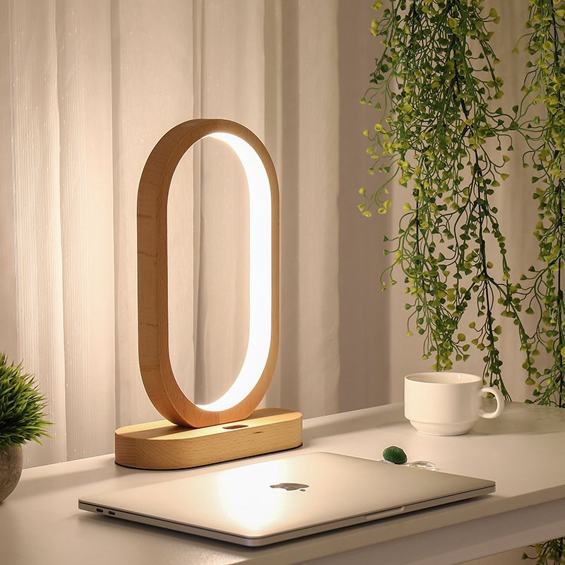 Lampada da comodino a LED contemporanea Lampada da lettura oblunga beige con paralume in legno