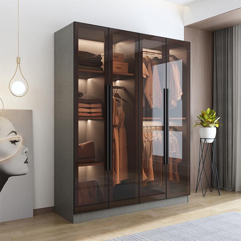 Modern Grey Wardrobe for Home Mirrored Finish Cabinet with Glass Door