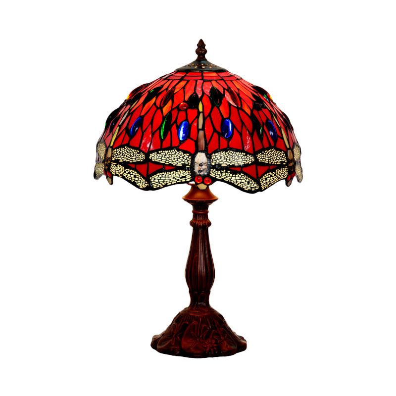Laburnum Table Light 1-Light Red Glass Tiffany Nightstand Lamp with Gem-Like Cabochons in Bronze
