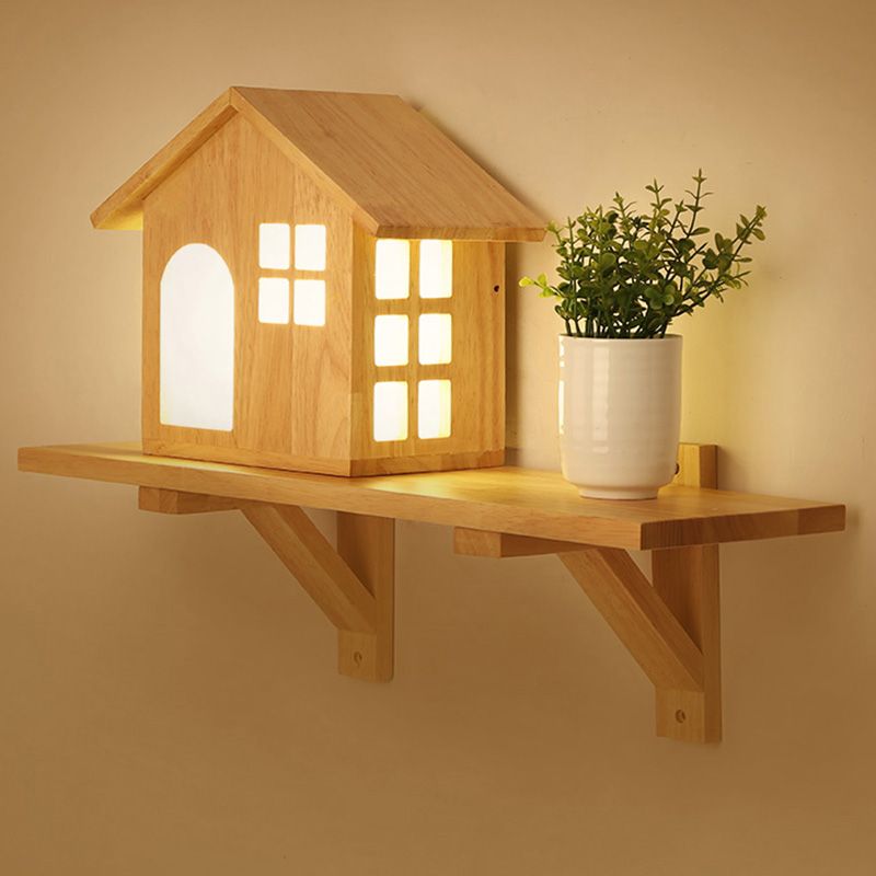 Lámpara de apliques de pared LED de cabaña iluminación de pared de madera decorativa creativa con estante para dormitorio
