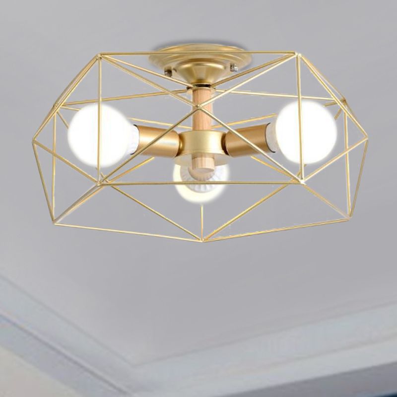 Geometric Opal Glass Semi Flush Industrial 3/4/5 Lights Bedroom Light Fixture in Gold