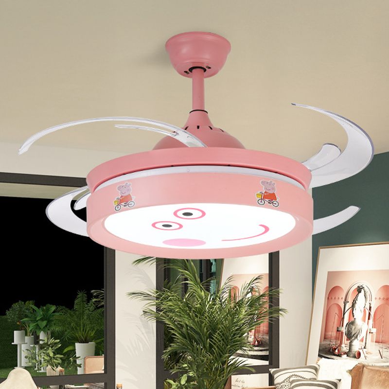 Pink Round 4 Blades Semi Flush Mount Light Kids LED Metallic Hanging Fan Lamp Fixture with Cartoon Pig Pattern, 47" W