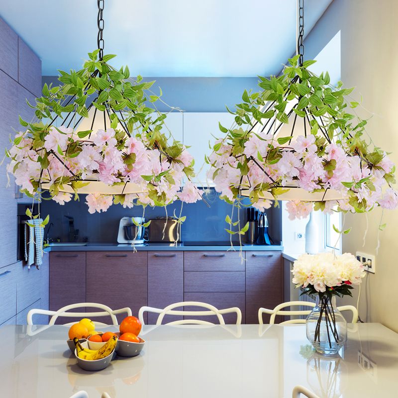 16.5"/19.5" W Black Diamond Cage Suspension Light Vintage Iron 1 Light Flower Restaurant Pendant with Fabric Shade