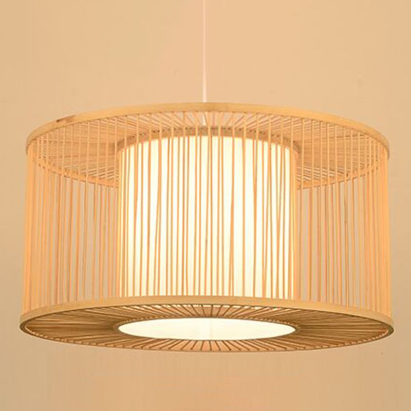 Asian Style Simplicity Hanging Light Bamboo & Imitation Sheepskin Double Shade 1 Light Pendant Lamp