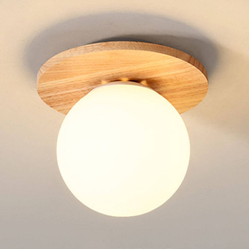 Plafonnier globe en bois à montage encastré concis et moderne avec abat-jour en verre blanc