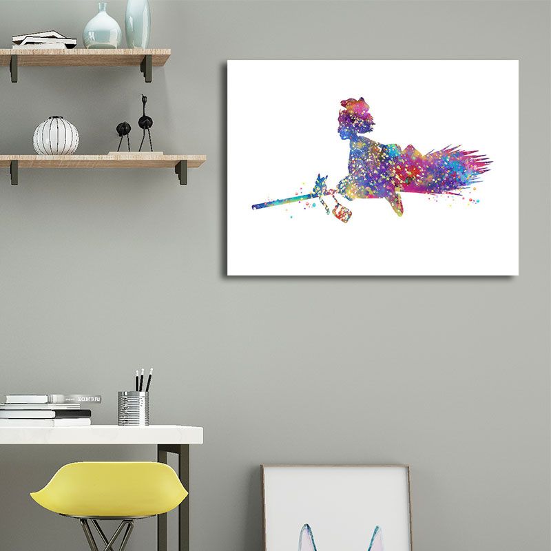 Purple Witch and Mop Canvas Textured Surface Cartoon Sitting Room Wall Art
