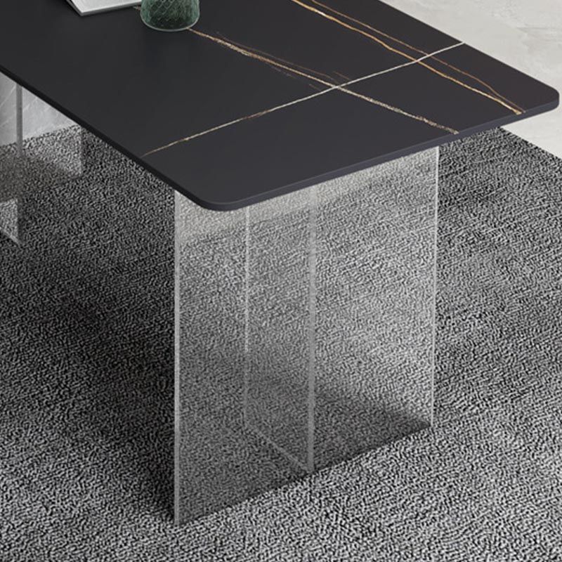 Mesa de comedor con tapa de piedra, mesa de comedor rectangular contemporánea con base de pedestal doble