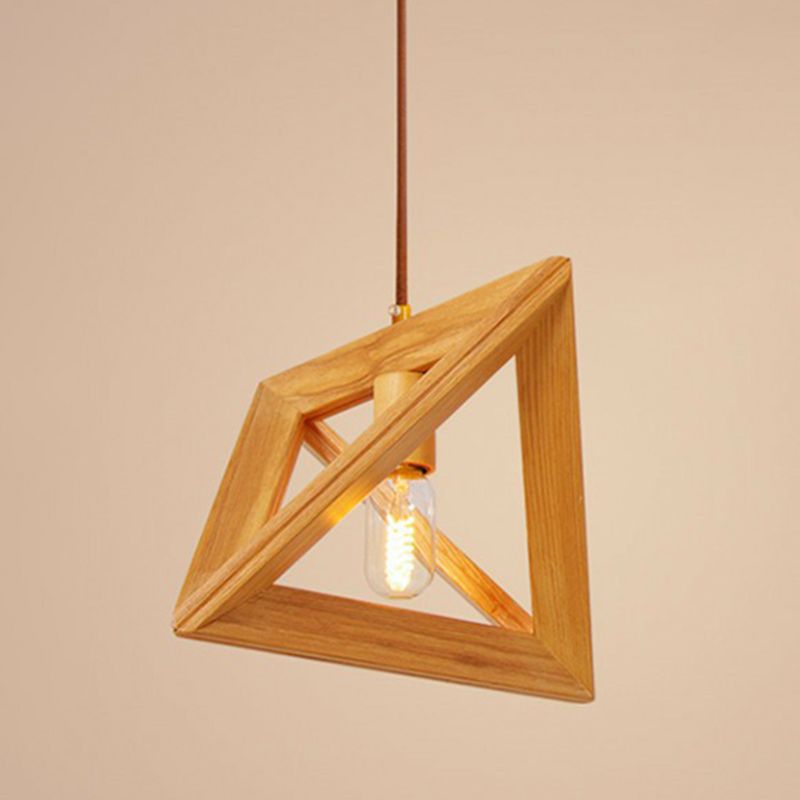 1-Head Dining Room Ceiling Hang Light Modern Beige Pendant Lamp with Triangular Wooden Frame