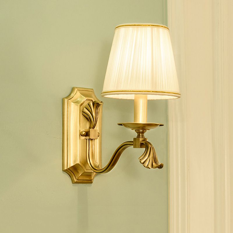 Pleated Fabric Cone Wall Light Traditional 1/2-Bulb Living Room Wall Sconce with Arm in Gold