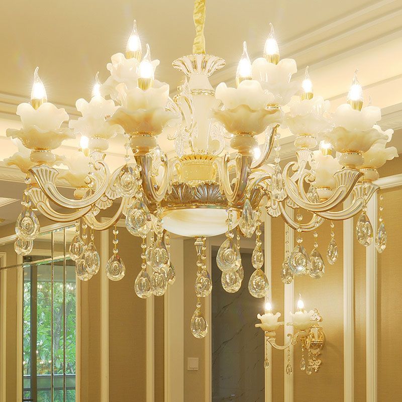 Gold Petal Chandelier Lamp Contemporary Jade Suspension Light with Crystal Draping