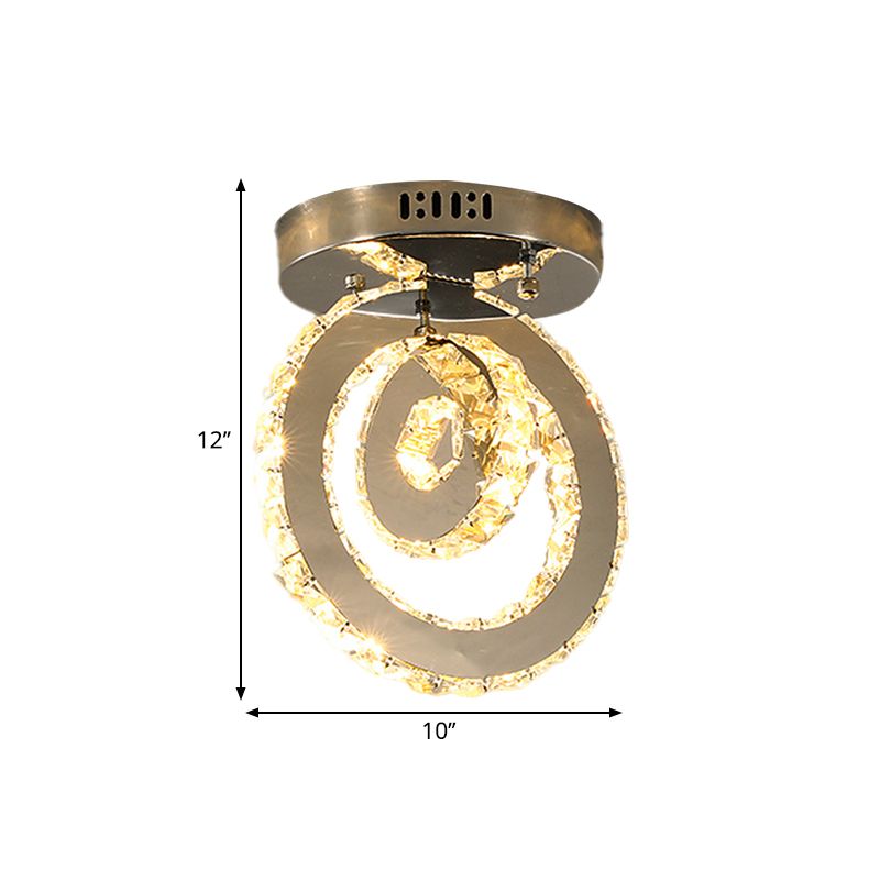 Stainless-Steel LED Semi Flush Mount Contemporary Clear Crystal Blocks Round/Triangle/Double Ring Ceiling Lamp