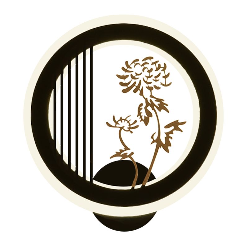 Chrysanths/Orchid Flower LED Mural Light Chinese Acrylic Living Room Hoop Wall Lighting Fixture in Black