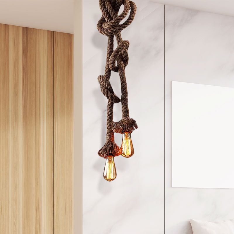 Light Brown 2 Heads Ceiling Pendant Light Vintage Style Rope Open Bulb Hanging Lighting for Bar