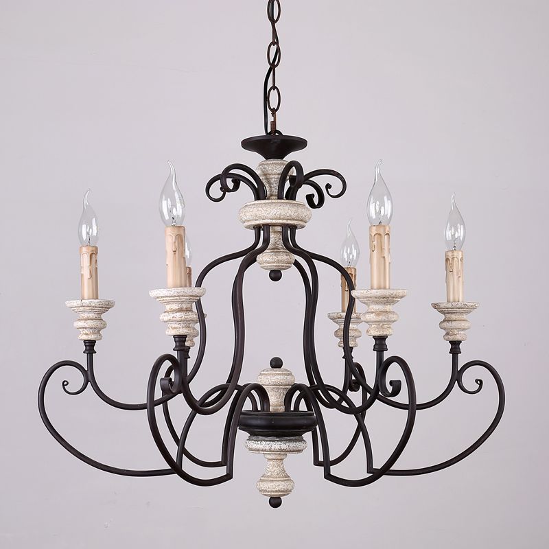 Rust 6 Heads Ceiling Chandelier Country Metal Scrolled Arm Suspension Lamp with Candle Design