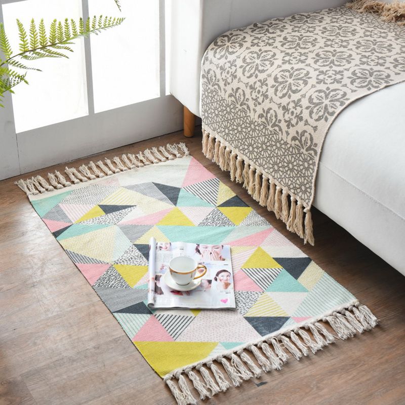 Western Bedroom Rug Multi-Colored Geometric Print Carpet Cotton Blend Machine Washable Easy Care Rug with Fringe