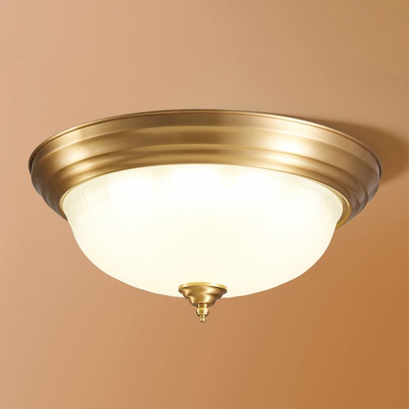 Flush Ceiling Light Traditional Domed White Glass Flush Mount Fixture in Brass for Bedroom