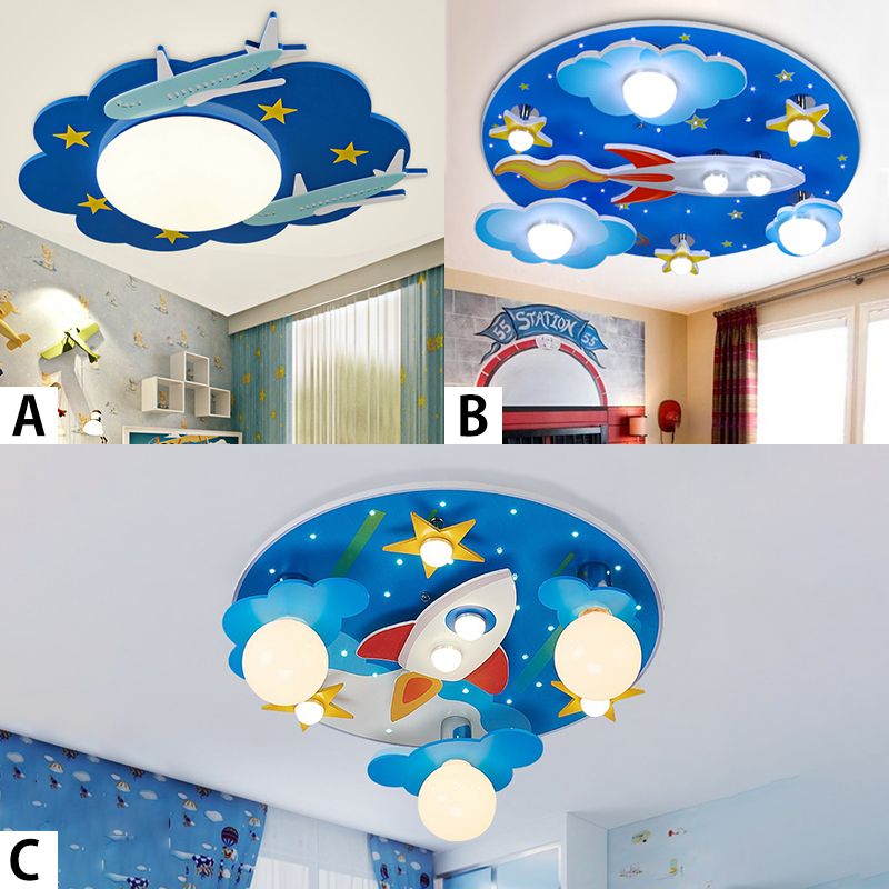 Plafonnier en forme de vaisseau spatial pour enfants, finition en bois clair, plafonnier pour la maternelle
