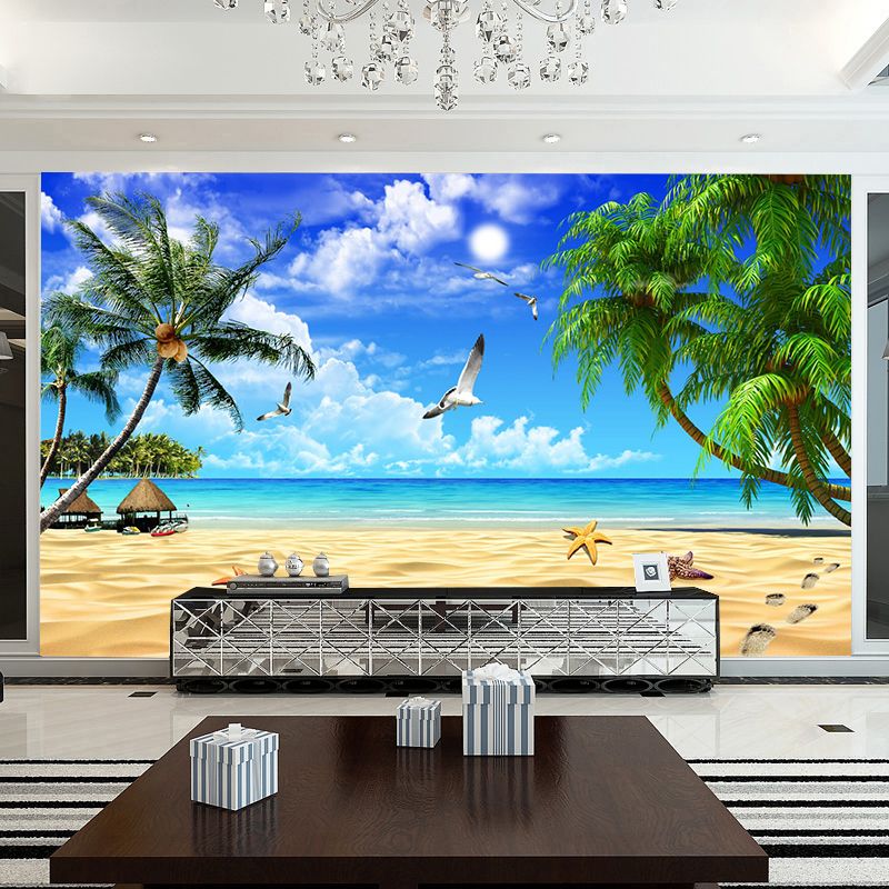 Full Seashore and Tree Mural for Bedroom Seagull Wall Art in Blue for Home Decoration