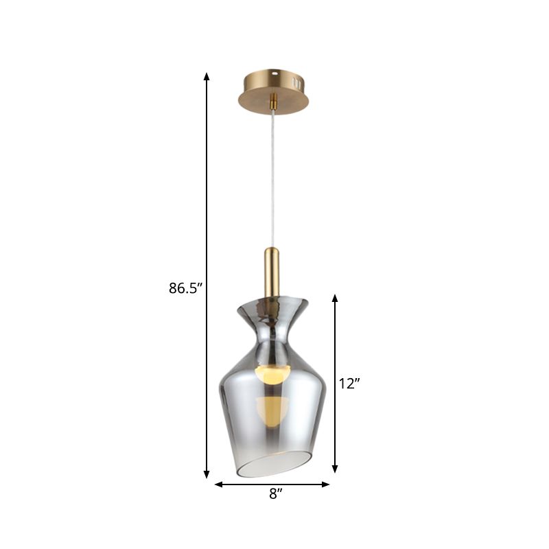 Minimalist LED Ceiling Light Brass Cup-Shape Suspension Pendant with Smoke Gray Glass Shade