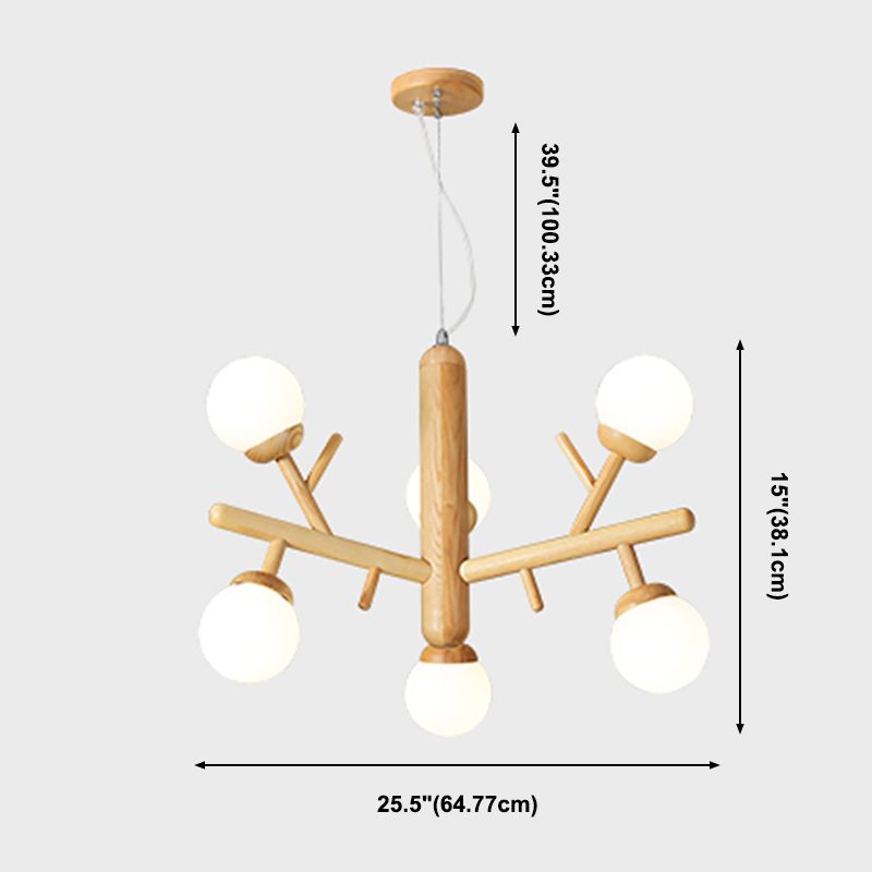 Lampadario ramo di legno moderno a ciondolo multi-testa con tonalità di vetro bianco