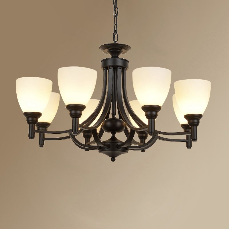Black Ceiling Pendant Light Vintage White Glass Bell Shaped Chandelier for Dining Room