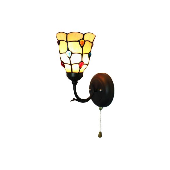 Stained Glass Peacock Wall Light with Colorful Bead Hallway 1 Light Tiffany Sconce Light in Beige