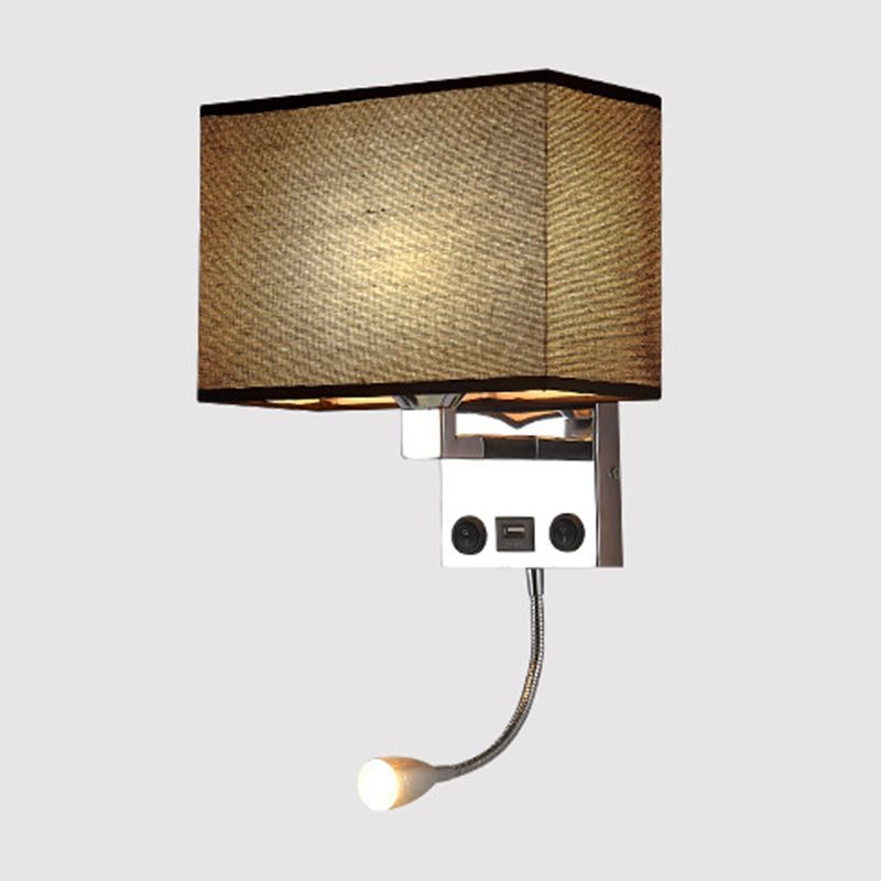 Black/White/Flaxen Cuboid Wall Lamp Modern Single Fabric Wall Sconce with USB Port and Spotlight
