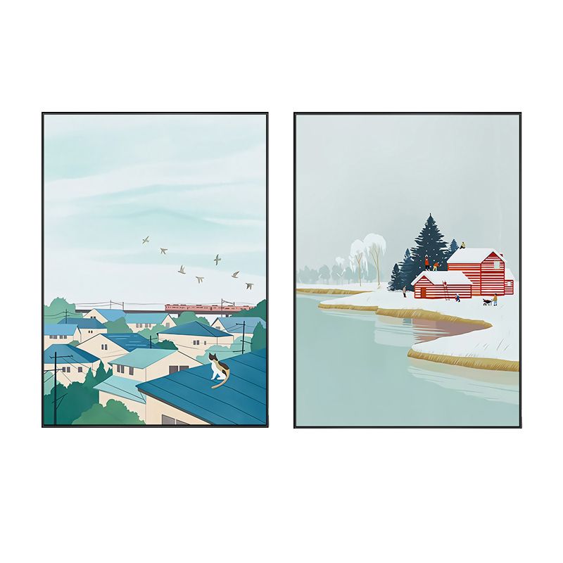 Illustration für Kinderkunst-Wanddekoration mit saisonaler Landschaft in hellen Farben für das Schlafzimmer