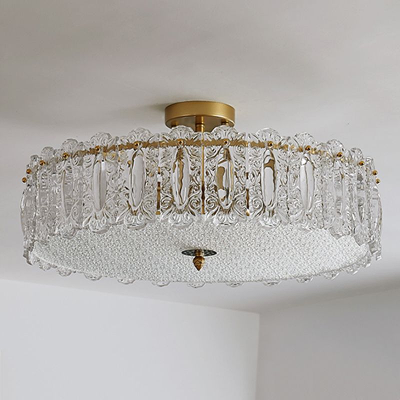 Lampe de plafond de forme ronde Mount à chasse d'eau en fer moderne avec abat-jour en verre pour chambre à coucher