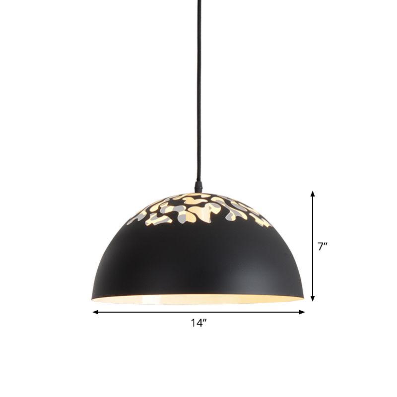 Nordic Dome Ceiling Hang Light 14"/16" Wide 1-Light Iron Pendant Lamp with Hollowed out Top in Black/White