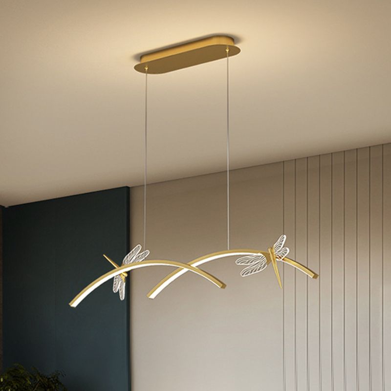 Curve Linear LED Island Pendant Minimalist Metal Restaurant Ceiling Light with Dragonfly Decor