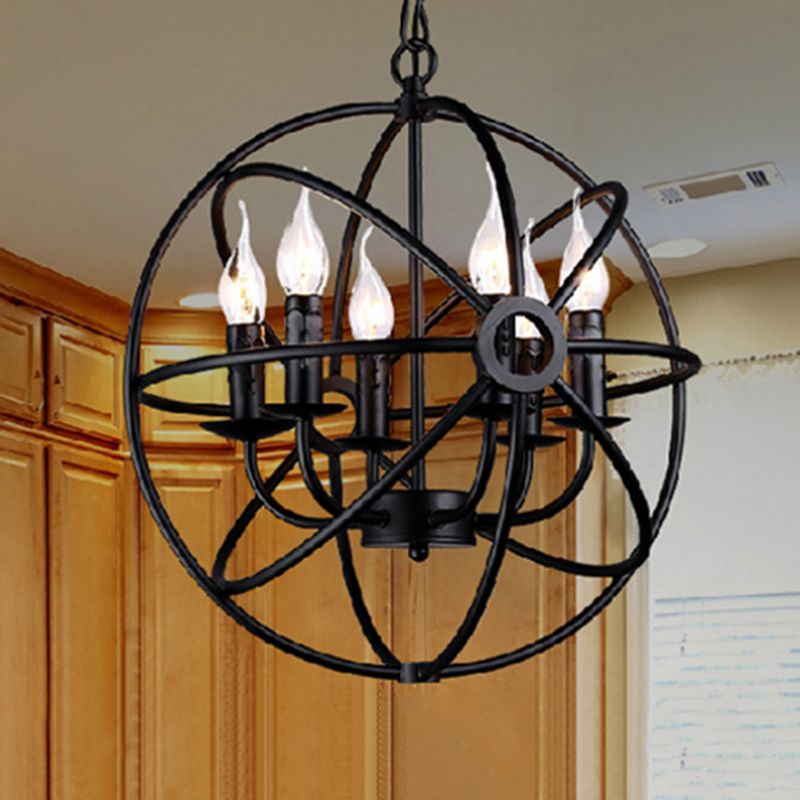Retro Industrial Style Globe Pendant Chandelier Iron Hanging Light Fixture with Candle Design for Coffee Shop