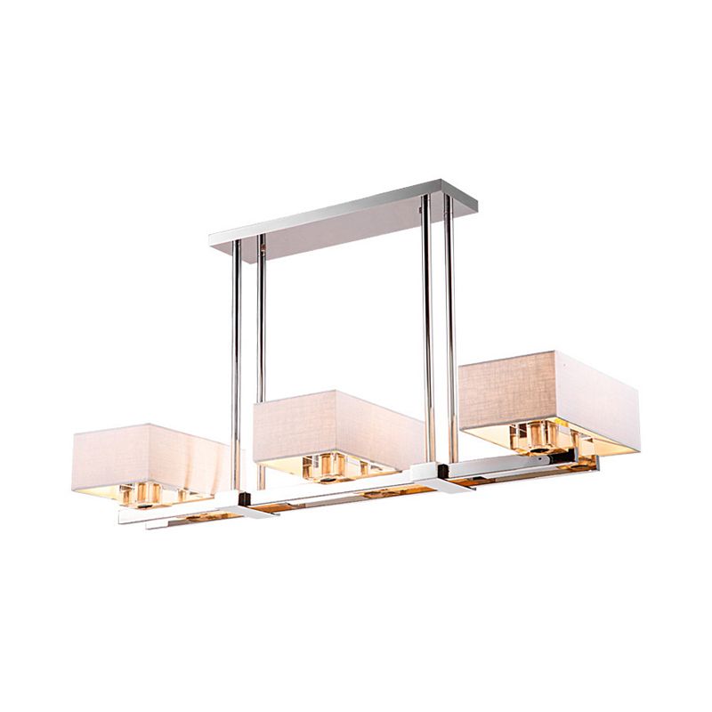 Fabric Chrome Hanging Pendant Light Rectangle 2/4/6 Bulbs Classic Island Lamp for Dining Room
