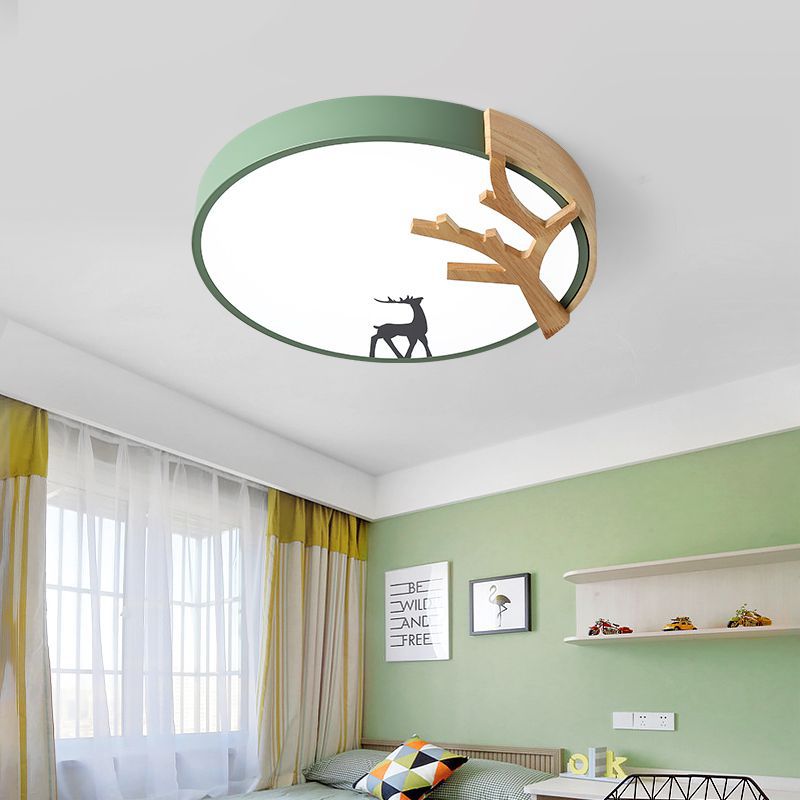 Illuminazione da incasso a tamburo in acrilico Lampada da soffitto contemporanea a LED verde/bianco/grigio con decorazione di cervi
