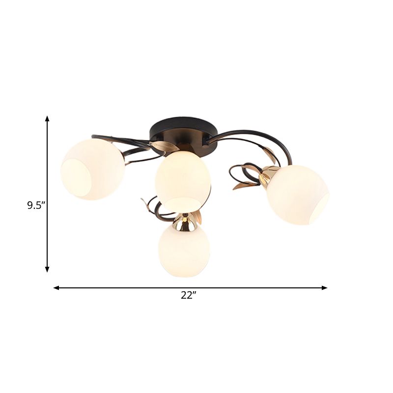 Globe White Glass Semi Flush Light Traditional 4/6/9 Lights Living Room Ceiling Mounted Fixture in Black