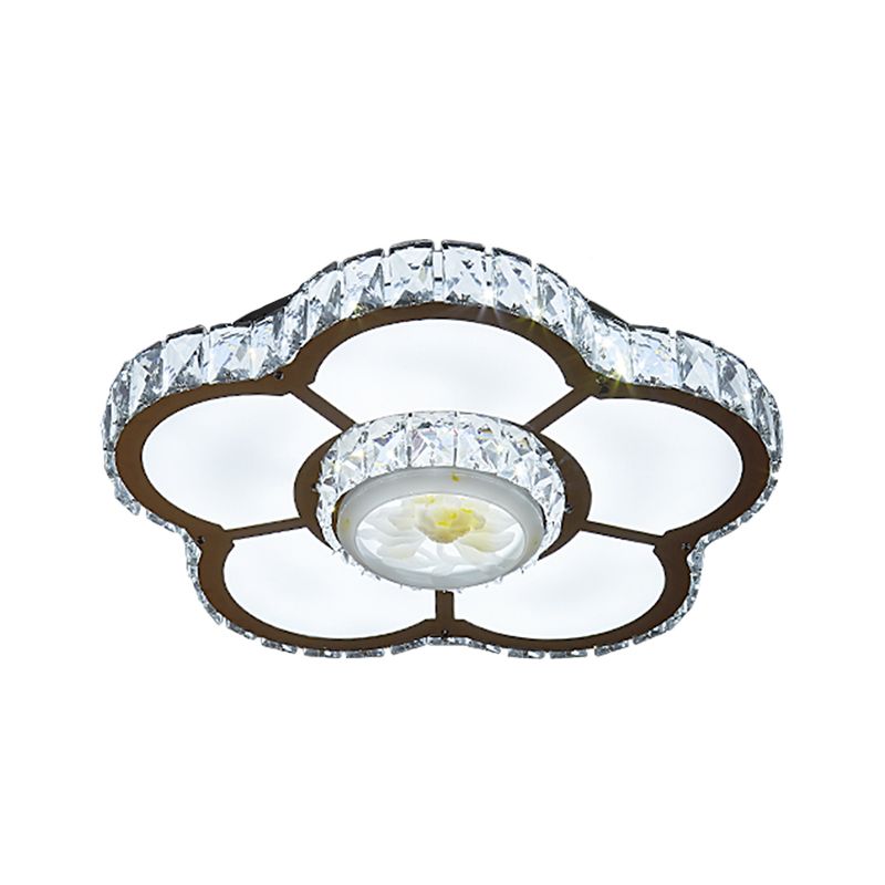 Simple LED Semi Flush Mount Light Chrome Flower Ceiling Lamp with Beveled Crystal Shade