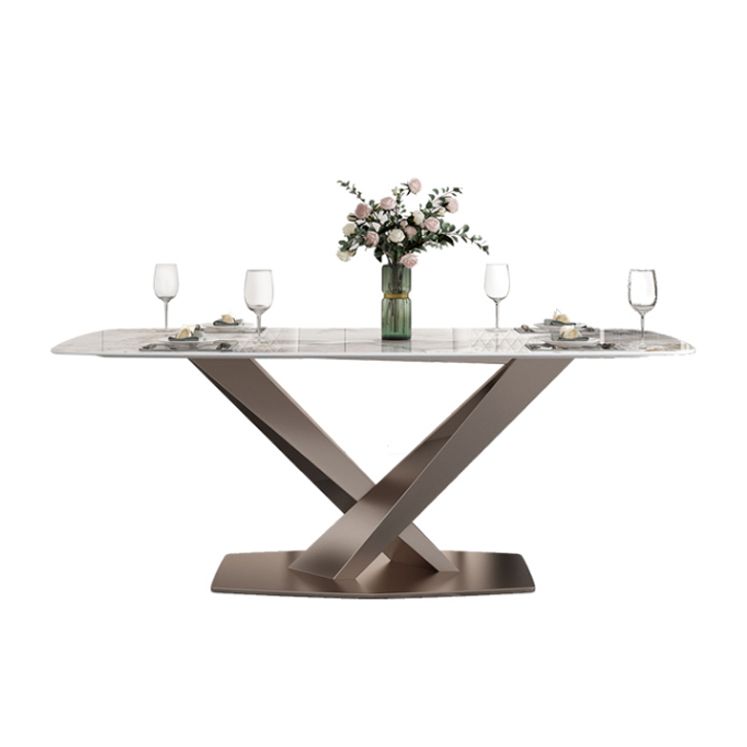 Luxury Sintered Stone Dining Table Rectangle Indoor Table with Gold Metal Pedestal