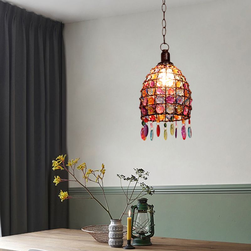 Art Deco Dome Ceiling Light 1 Light Stained Glass Drop Pendant in Rust for Restaurant