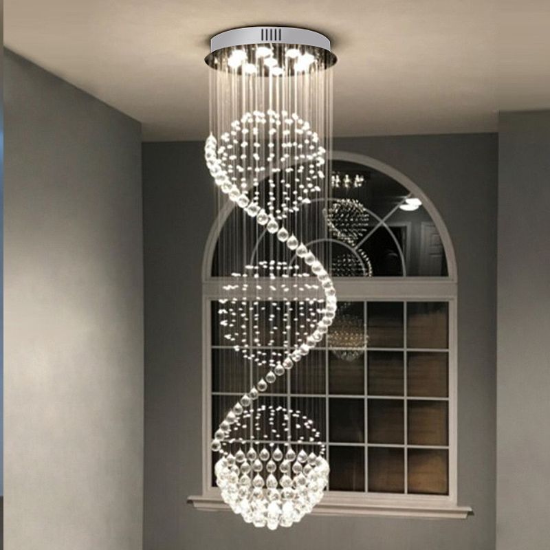 Spiral Cascading Crystal Ceiling Lamp Modern 9 Bulbs Lobby Flush Mount Light Fixture in Satin Nickel