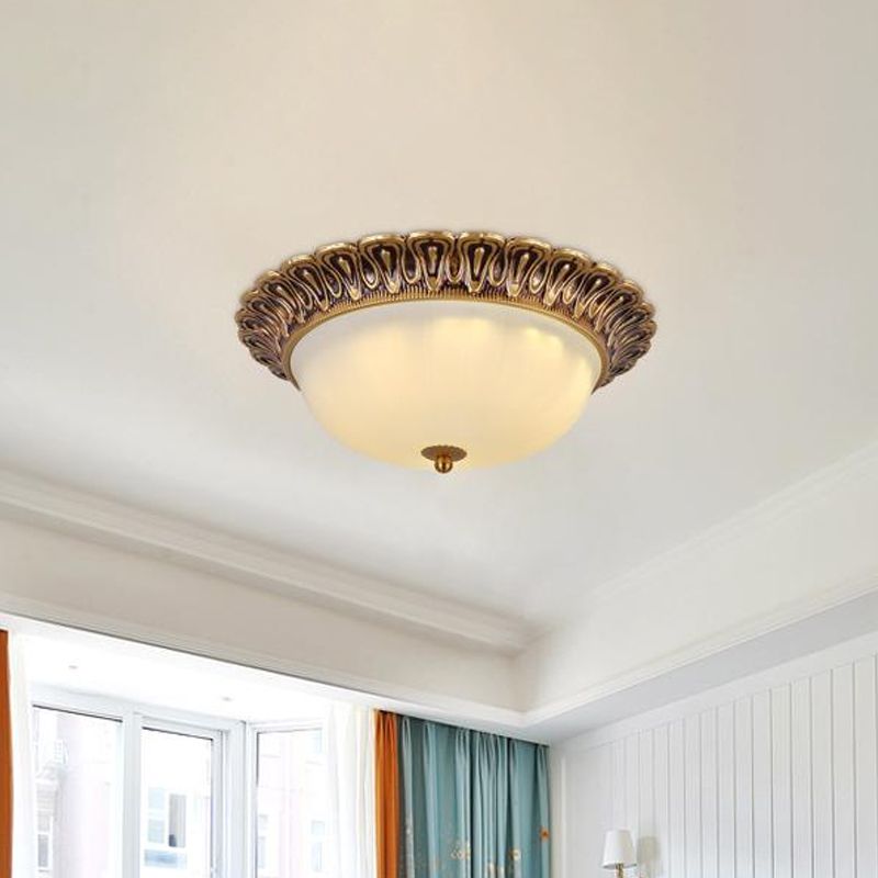 Minimalist Bowl Shaped Flushmount 2/3 Lights White Cloud Glass Ceiling Lighting Fixture with Brass Scalloped Trim