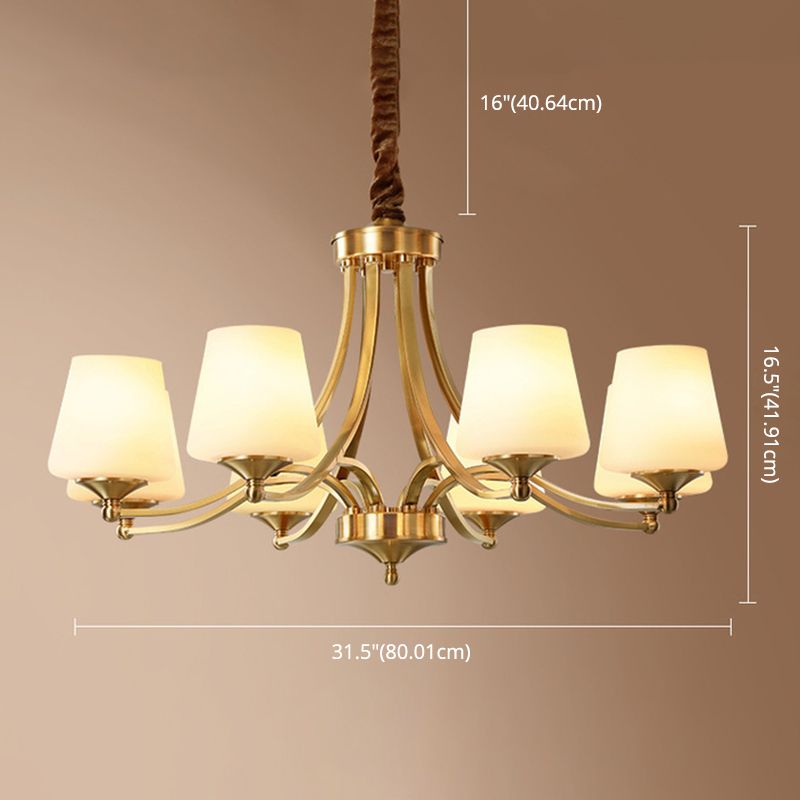 Post-Modern Curvy Arm Hanging Chandelier Light White Glass Shade Ceiling Chandelier in Gold for Living Room