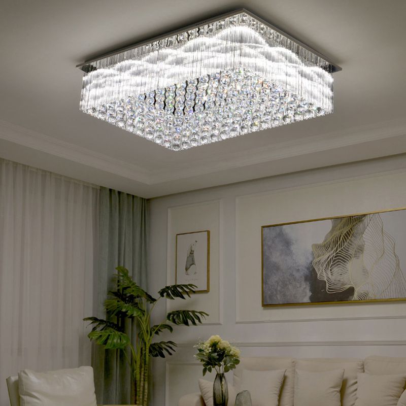 Geometric Stainless-Steel LED Ceiling Light in Modern Luxury Style Crystal Indoor Flush Mount in Silver