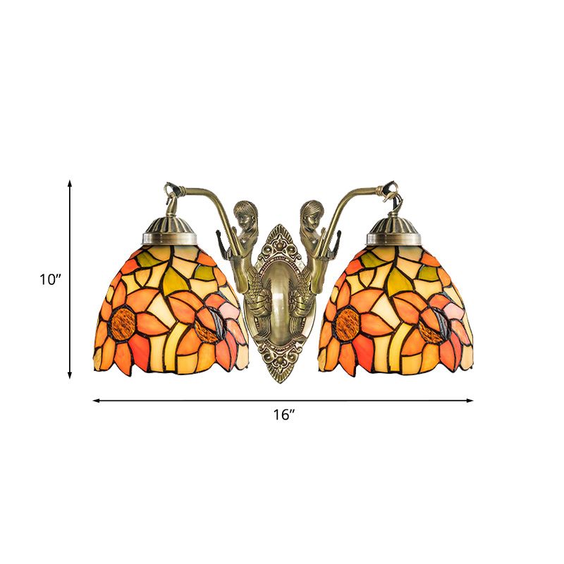 Stained Glass Domed Wall Lighting Tiffany 2-Bulb Beige/Orange Floral Patterned Sconce Light with Mermaid Arm for Bedroom